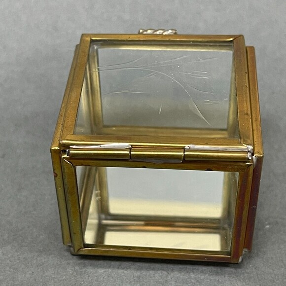 Vintage Glass Brass Mirrored Small Jewelry Trinket Box Square with Bird - Picture 5 of 7
